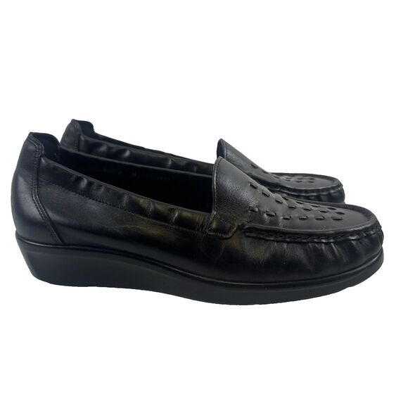 SAS Weave Slip On Loafer Black Leather Moc Toe Wedge Comfort Womens 8 W Wide - Picture 2 of 11